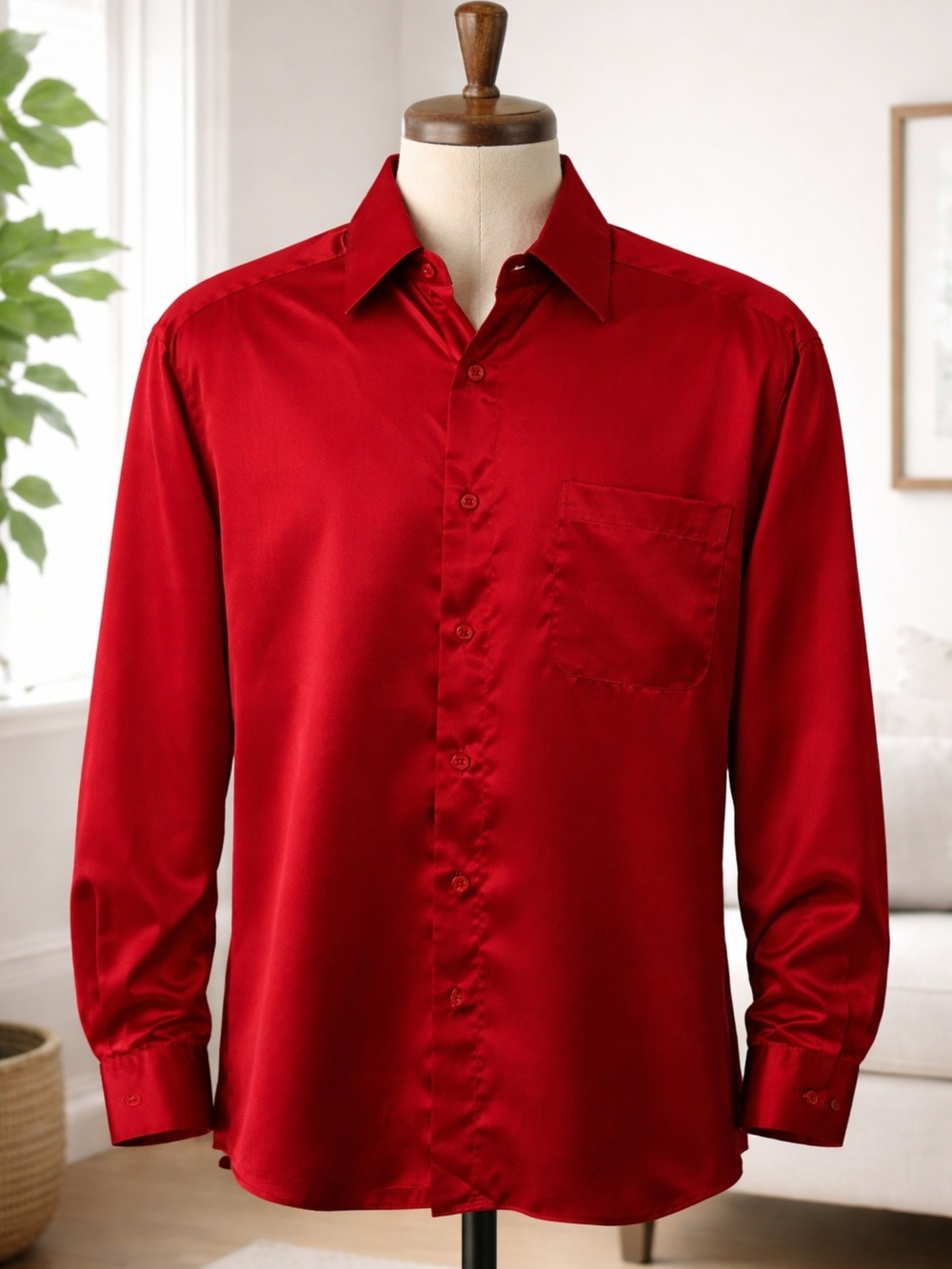 Men's Satin Red/Polyester Long-Sleeve  Dress Shirt Size L